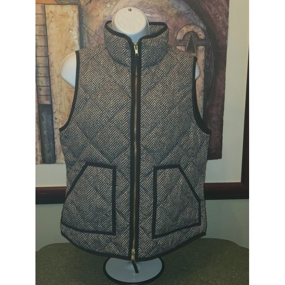 J. Crew Factory Jackets & Blazers - Sz S Womens J. Crew Black Tan Herringbone Down Quilted Puffer Vest Jacket VGUC!